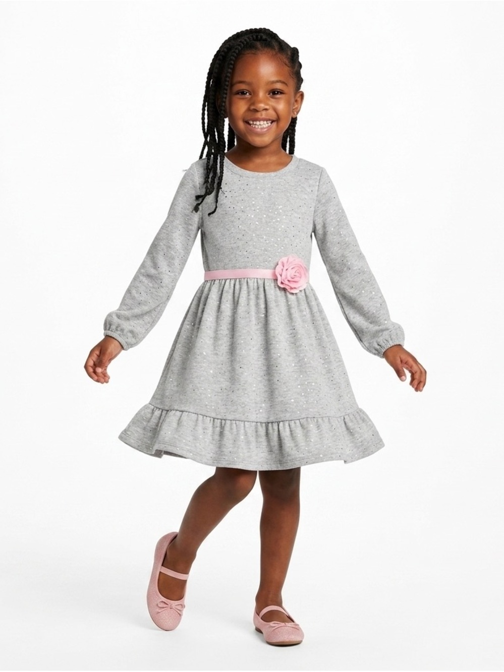 Girls Heather Grey Shimmer Long Sleeve Flower Waist Dress